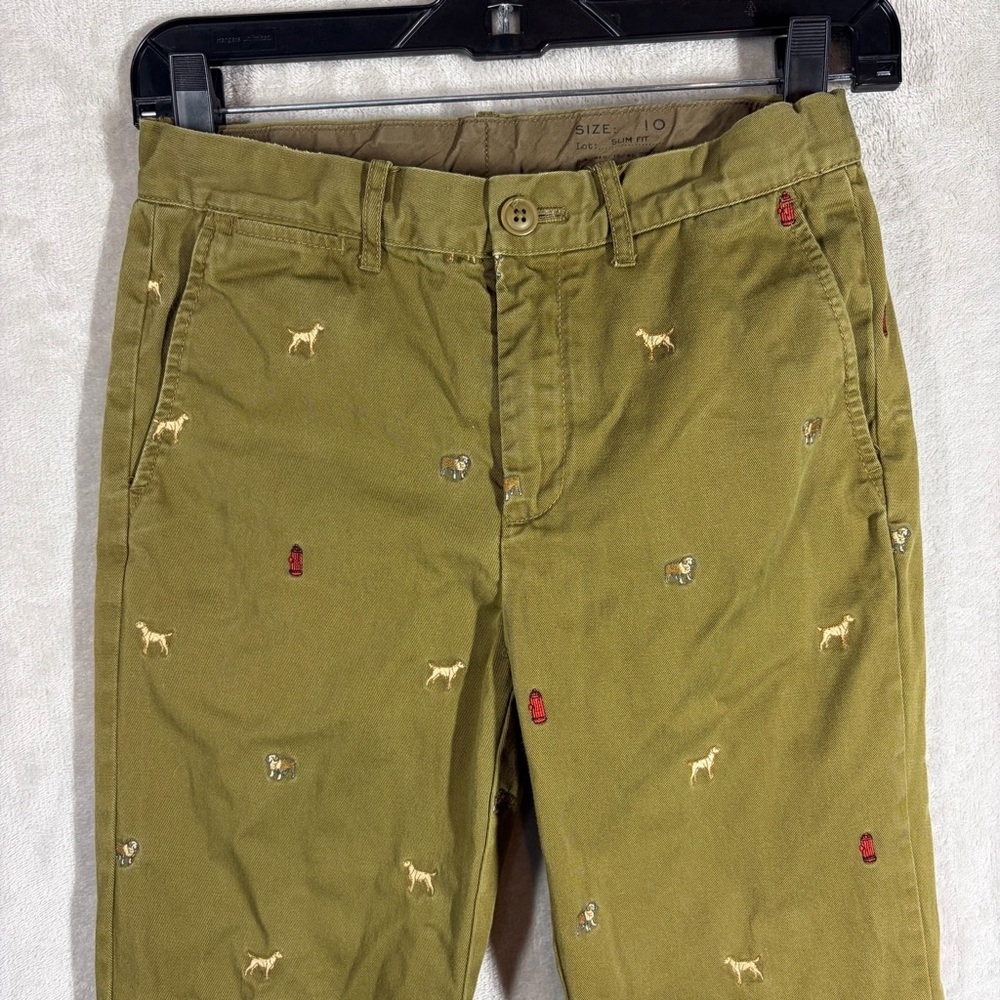 J. Crew Crewcuts Dog Embroidered Pants Size 10 Olive Green Preppy Chino Slim Fit - Picture 2 of 9